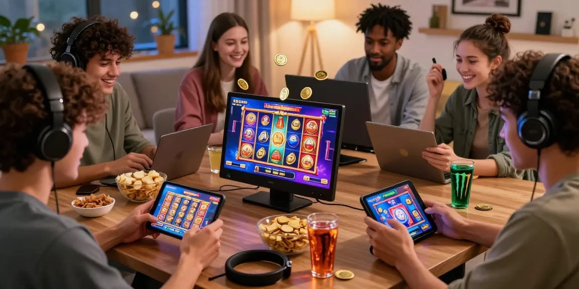 Group of gamers enjoying online slots while depositing pulsa tanpa potongan in a lively gaming setting with vibrant graphics and snacks.