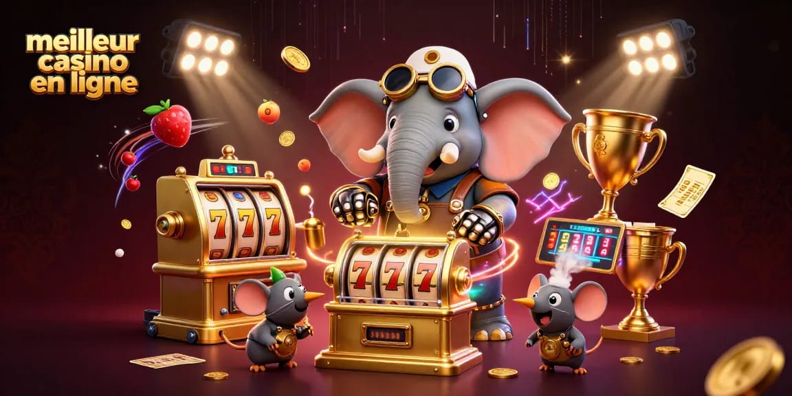 Illustration captivante avec "meilleur casino en ligne", un éléphant steampunk jouant aux machines à sous et gagnant des prix.