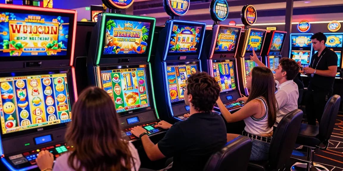 Permainan slot penuh warna di kasino dengan pemain merayakan kemenangan.