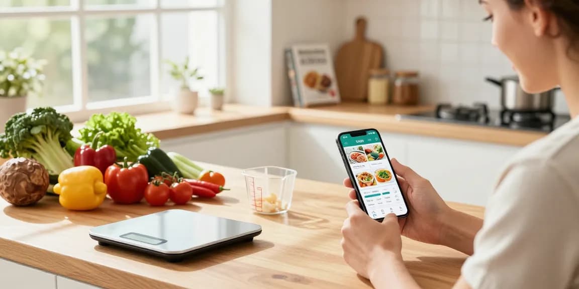 User logging food in best food tracking apps with fresh ingredients in a bright kitchen