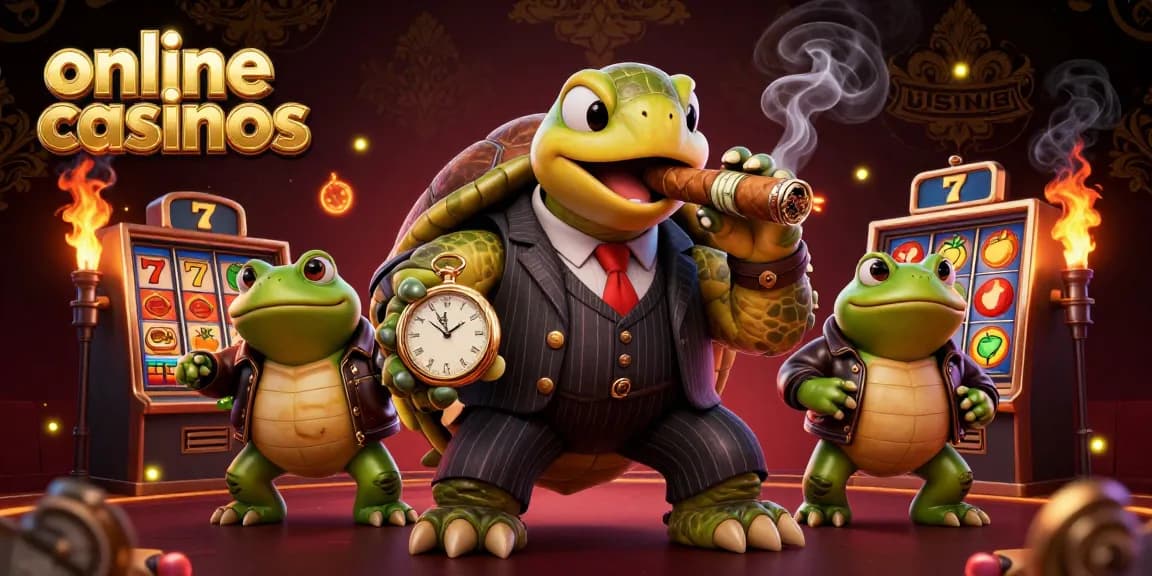 Engaging illustration of online casinos featuring a snapping turtle mobster and slot machines.