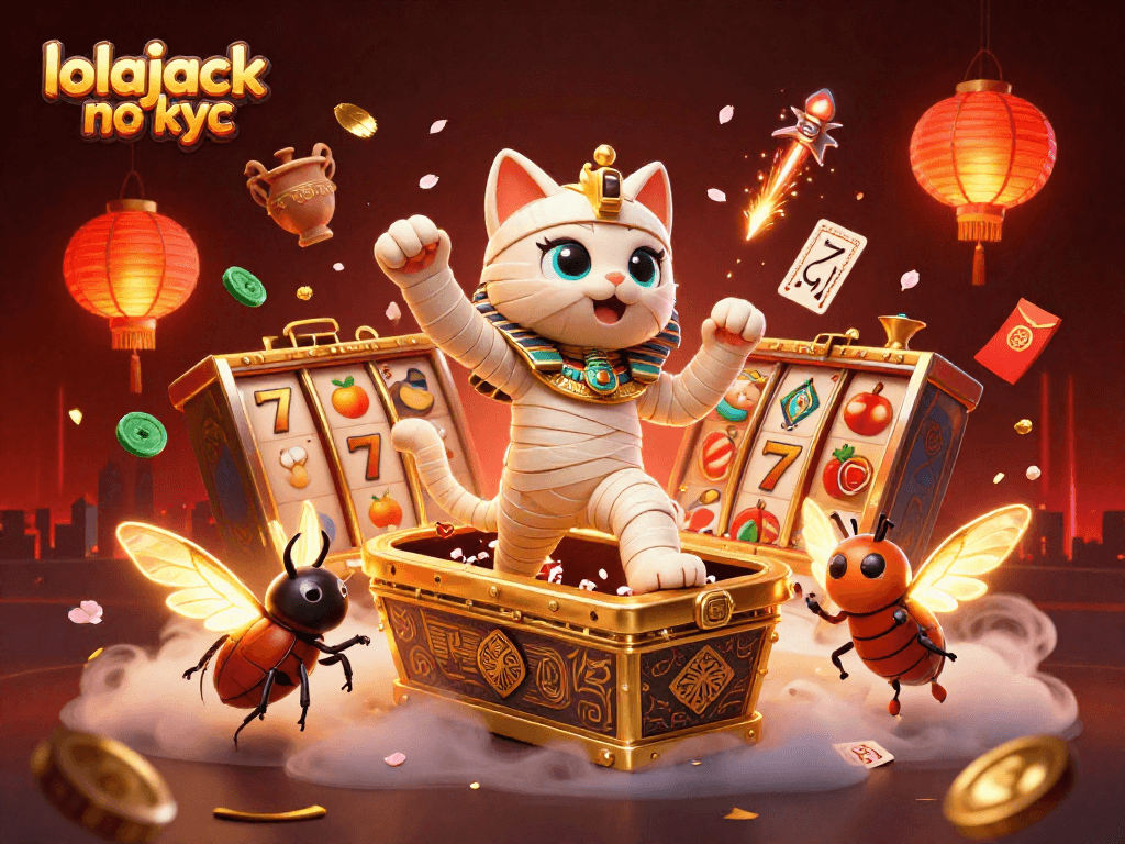 Experience thrilling wins at lolajack no kyc with a vibrant casino scene featuring lucky symbols and ancient Egyptian themes.