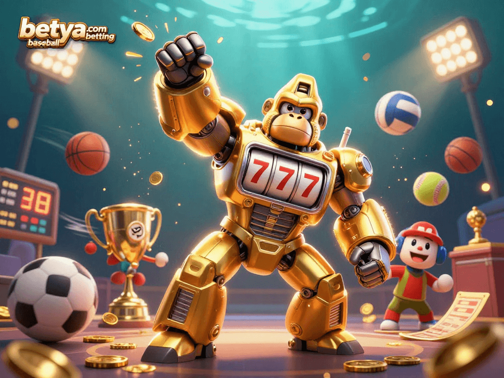 Engage in betya.com baseball betting with dynamic 3D illustration of a golden gorilla mech and sports elements.