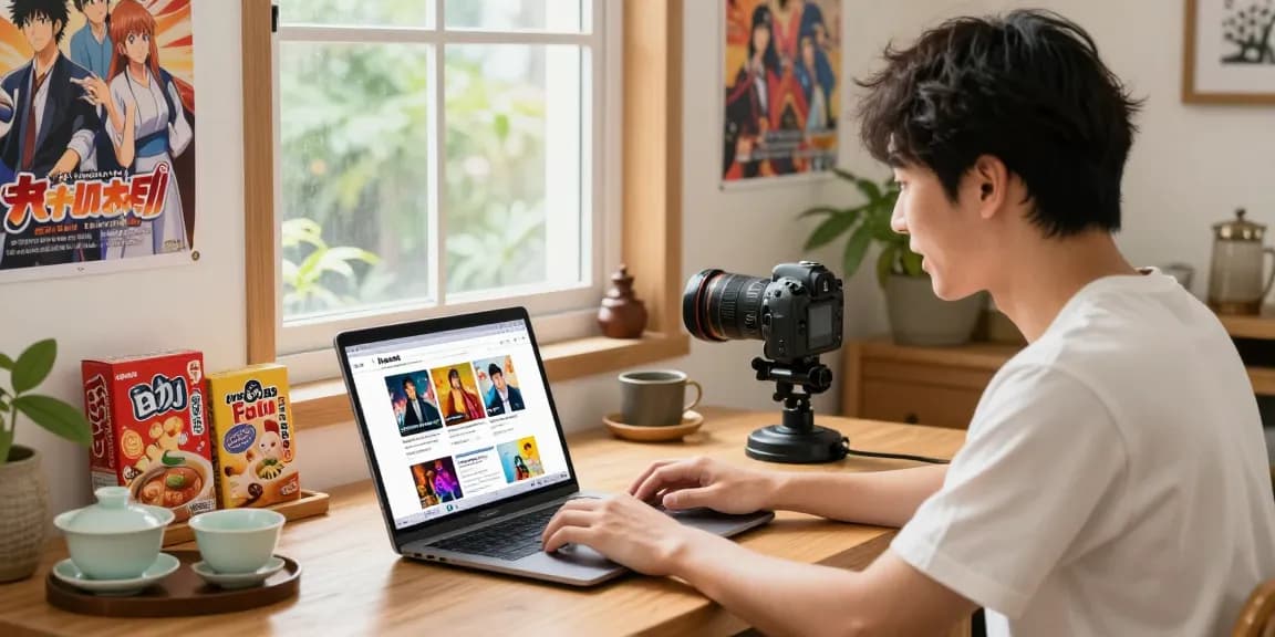Engaging scene of content creation around Asian culture on https://hanadultalk.com, featuring vibrant decor and a creative workspace.