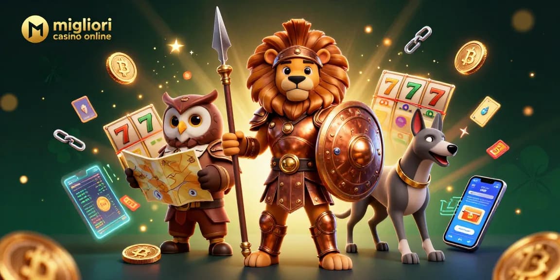 Scopri i migliori casino online con il leone spartano e il gufo stratega, circondati da elementi di gioco.