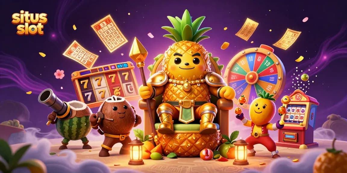 Permainan situs slot dengan karakter raja nanas yang duduk di singgasana buah dikelilingi elemen kasino.