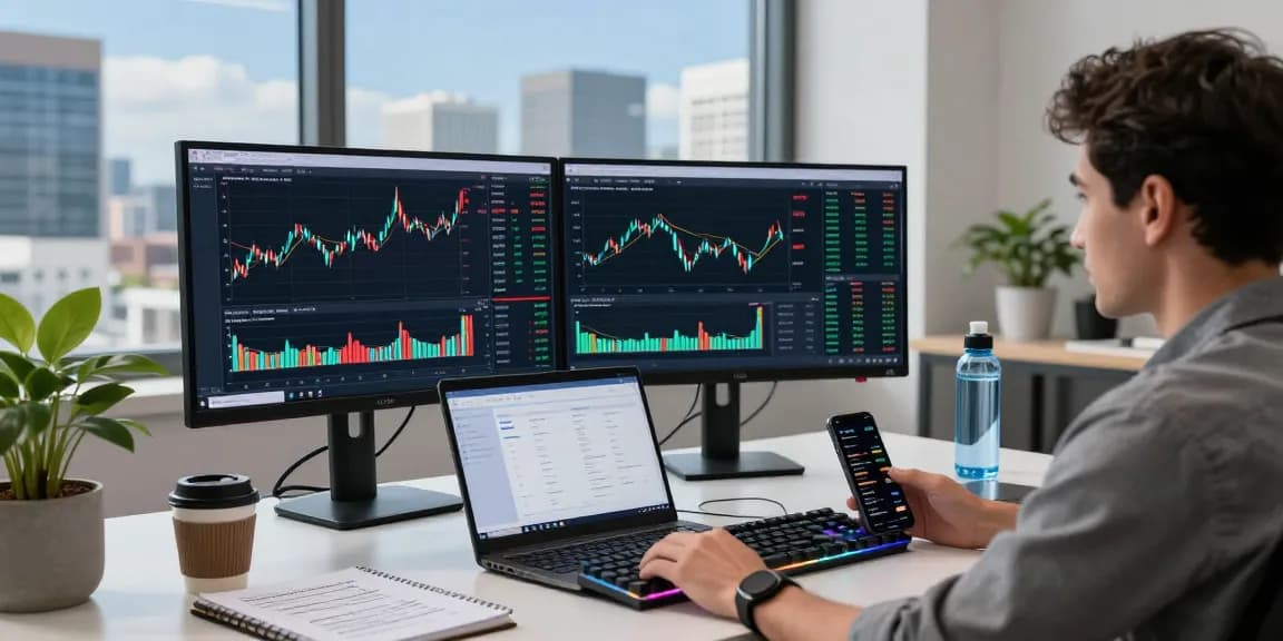 SPY stock analysis in a modern trading workspace with cryptocurrency and blockchain technology displays