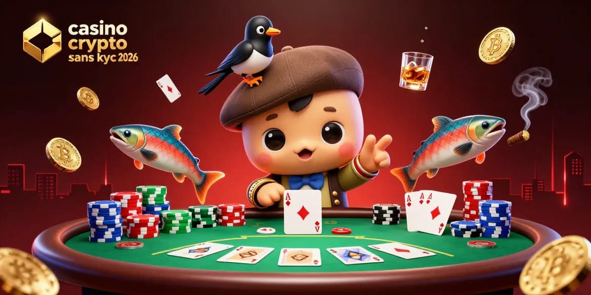 Découvrez l'animation captivante de casino crypto sans kyc 2026 avec des icônes de poker et des personnages uniques.