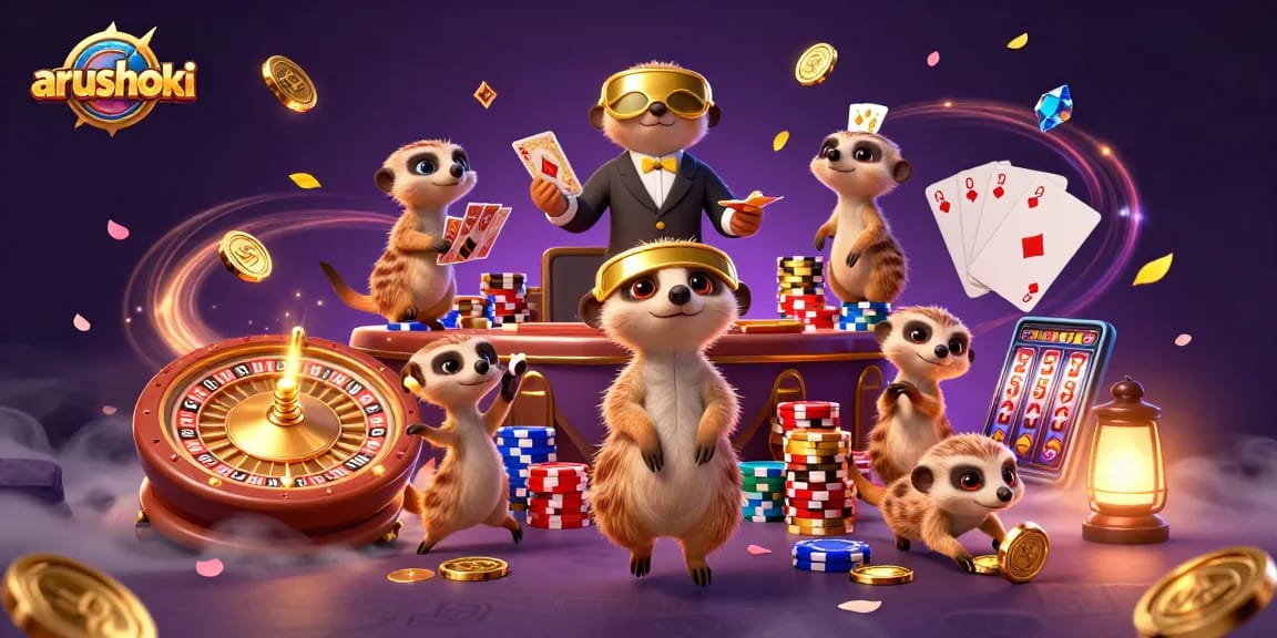 ARUSHOKI menghadirkan suasana kasino yang dinamis dengan meerkat sebagai dealer dan pit boss.
