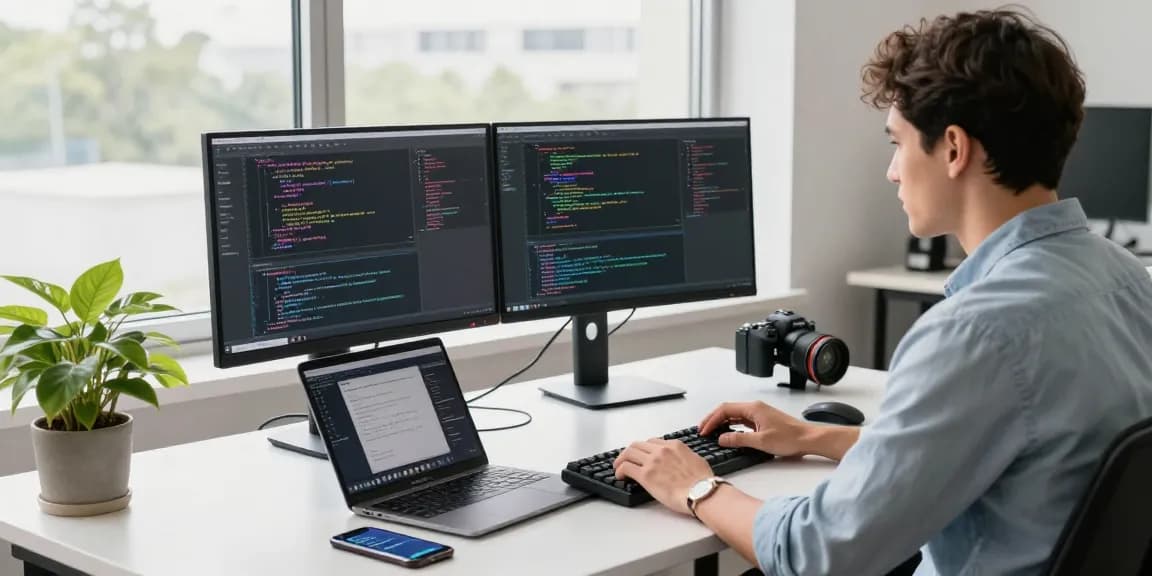 纸飞机中文版 app showcased on a developer's dual monitor setup in a modern tech workspace, illustrating the coding environment.