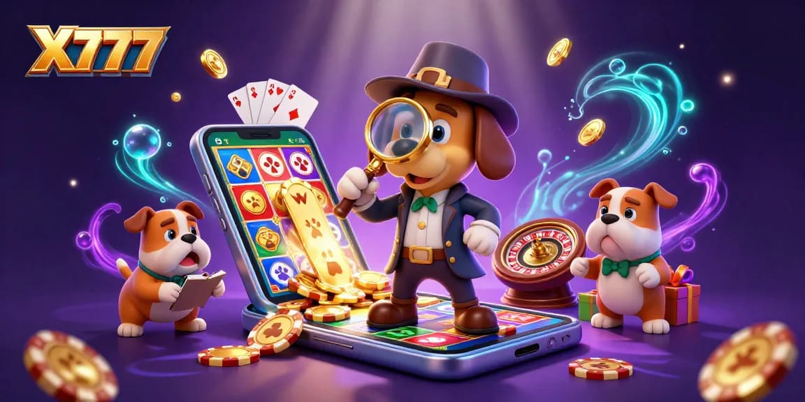 X777 brings entertainment with a detective exploring poker chips and slot games, revealing unique treasures.
