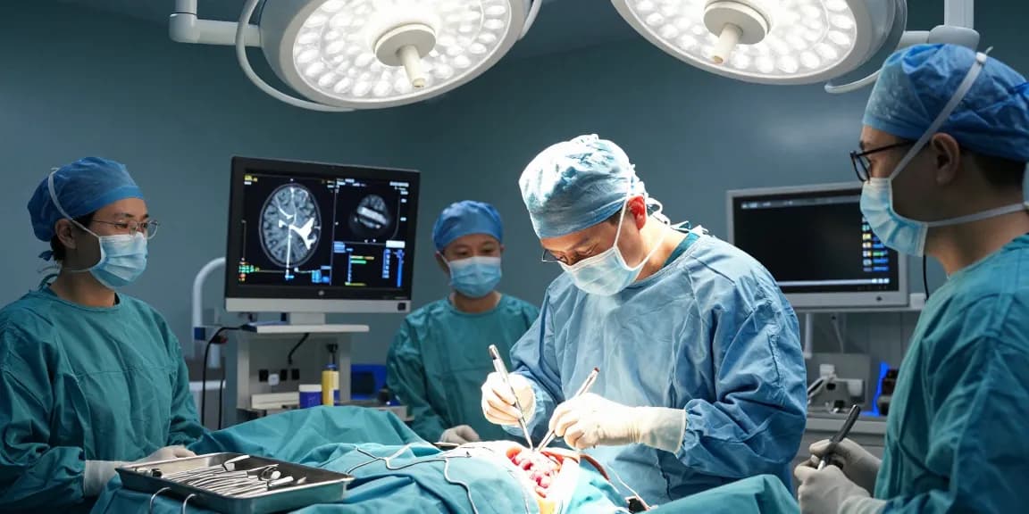 Neurosurgeon performing a beyin ameliyatı in a modern surgical theatre with advanced technology.