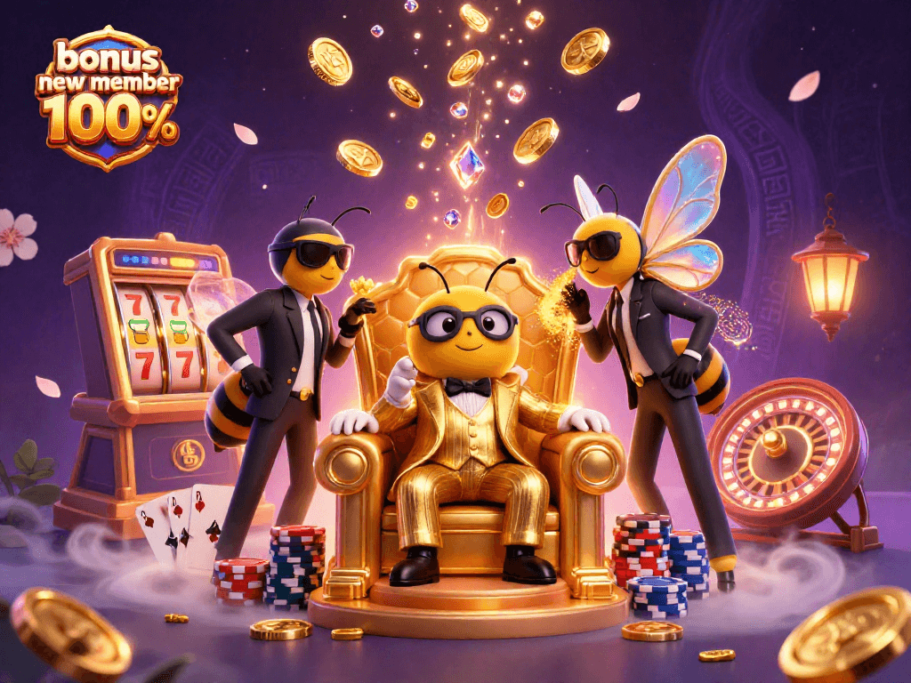 Spin to win with the bonus new member 100%, featuring lively casino elements and a vibrant atmosphere.