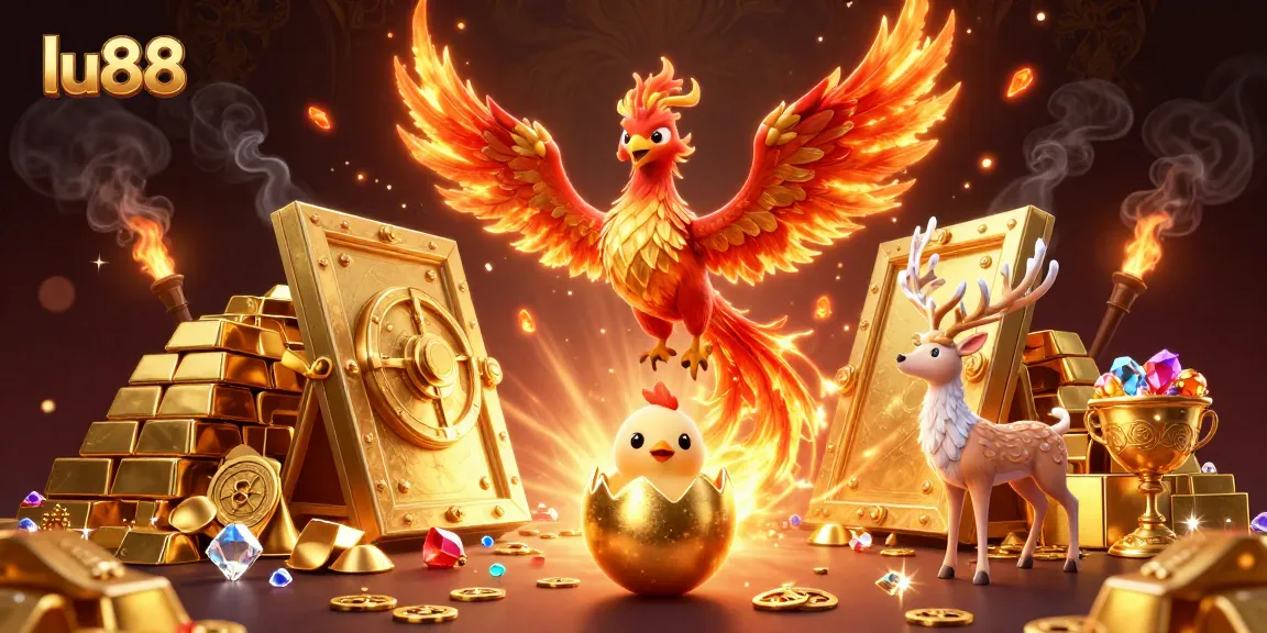 Experience exciting gaming at lu88 with a dynamic scene featuring mythical creatures and treasures.