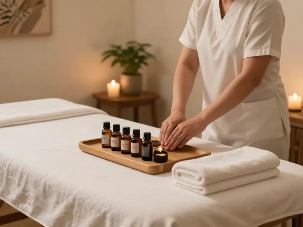 송파출장마사지 treatment setup with calming oils and warm candlelight in a serene spa environment.