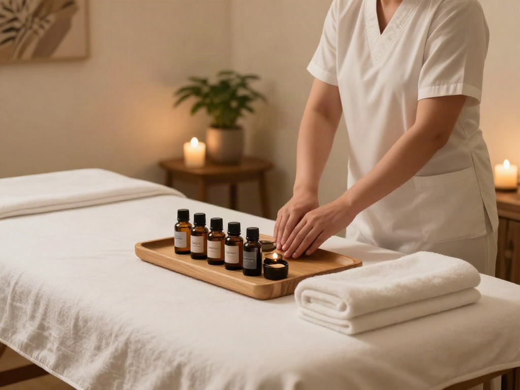 송파출장마사지 treatment setup with calming oils and warm candlelight in a serene spa environment.