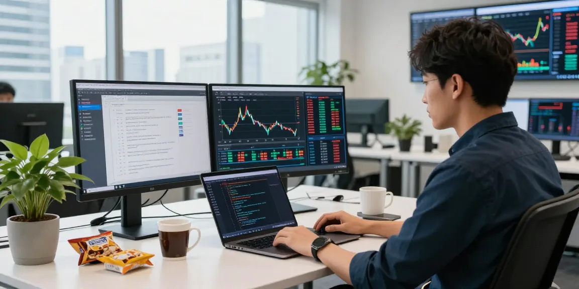 Developers integrating Japan stock fundamental data API in a modern financial office.