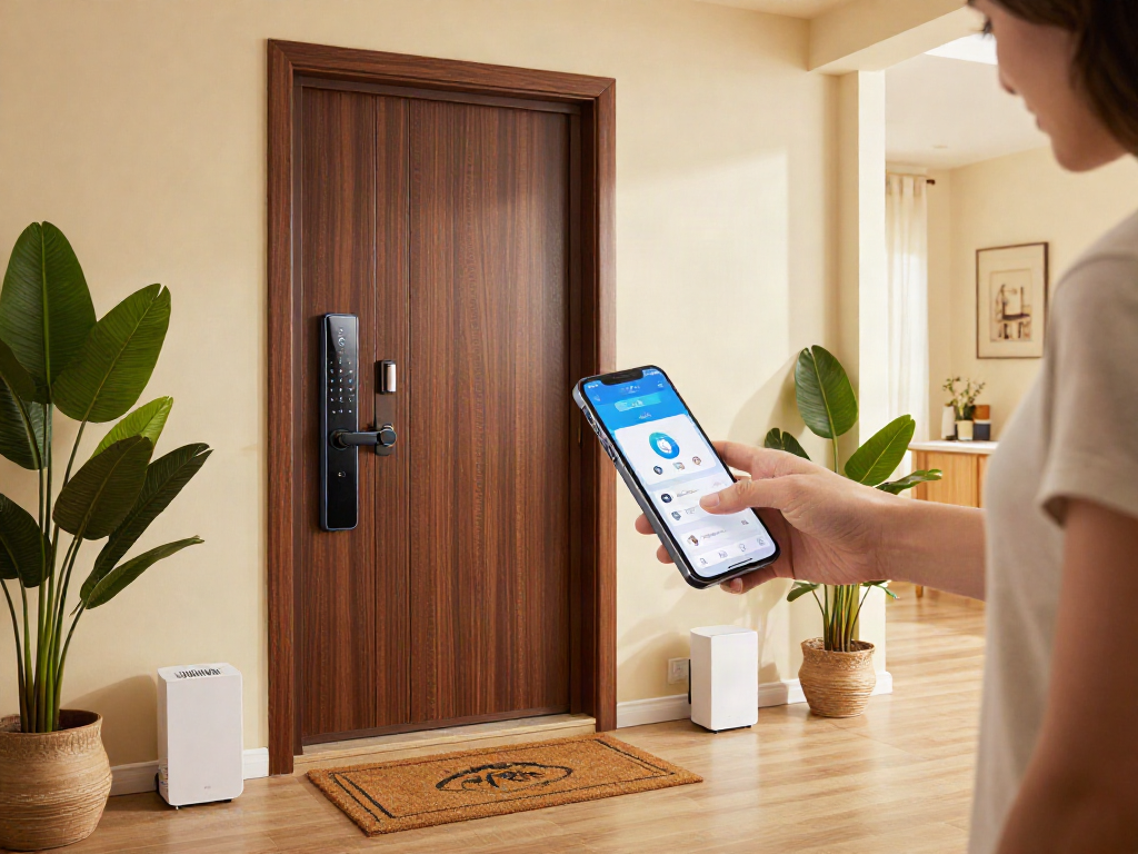 Homeowner using قفل هوشمند at entryway, showcasing modern security features and smart home integration.