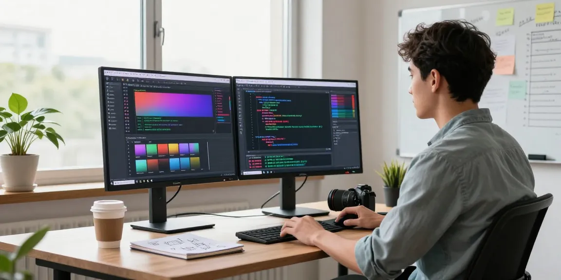 Efficient workspace showcasing a developer using a 截图工具 on dual monitors with natural lighting and detailed notes.