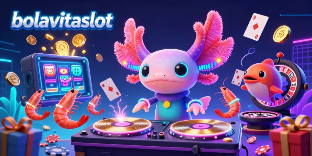 Engage in gaming excitement with bolavitaslot featuring a neon axolotl DJ and interactive slot visuals.