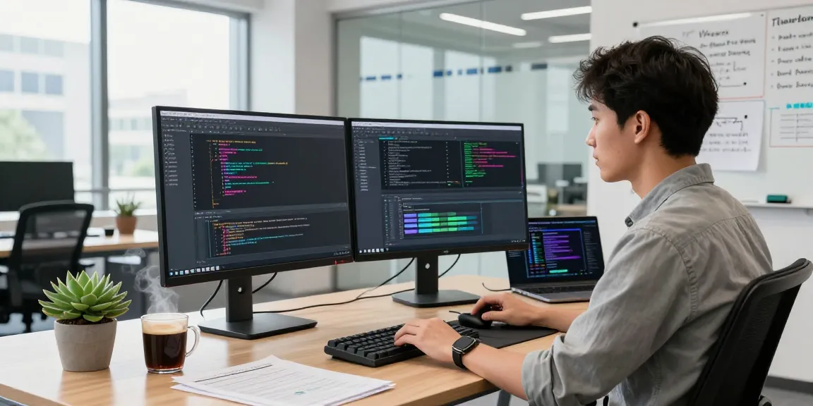 Dynamic software development workspace showcasing a developer using telegraimin.com for innovative projects.