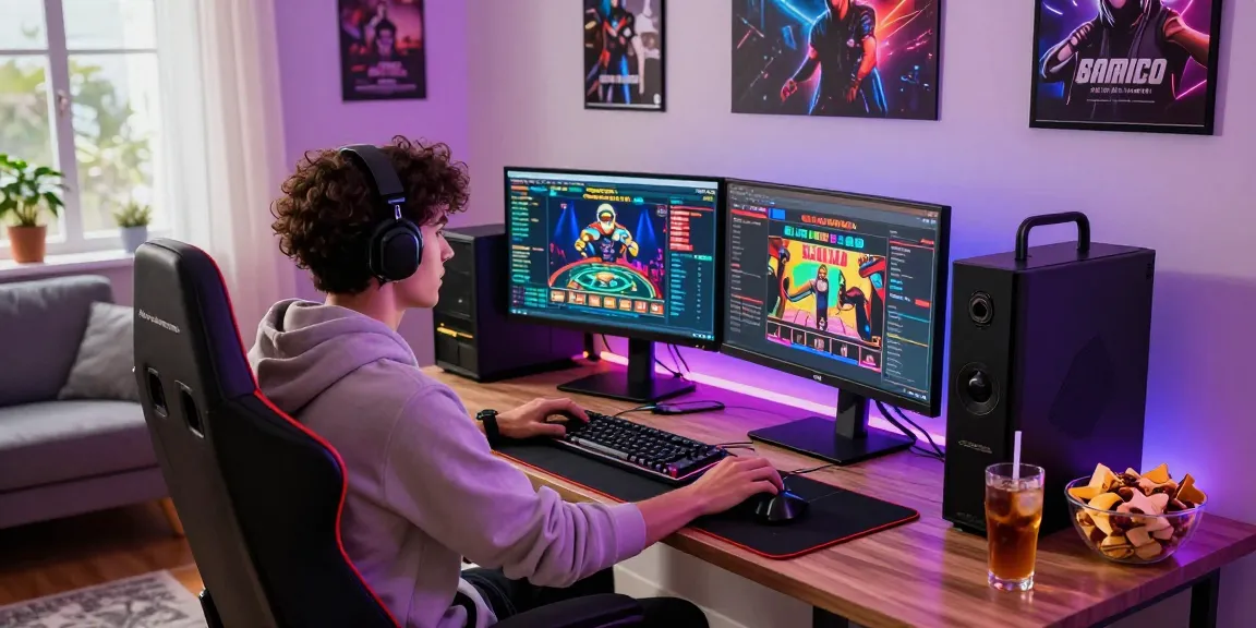 Gamer engaging with 토토사이트 on dual monitors in a stylish home setup.