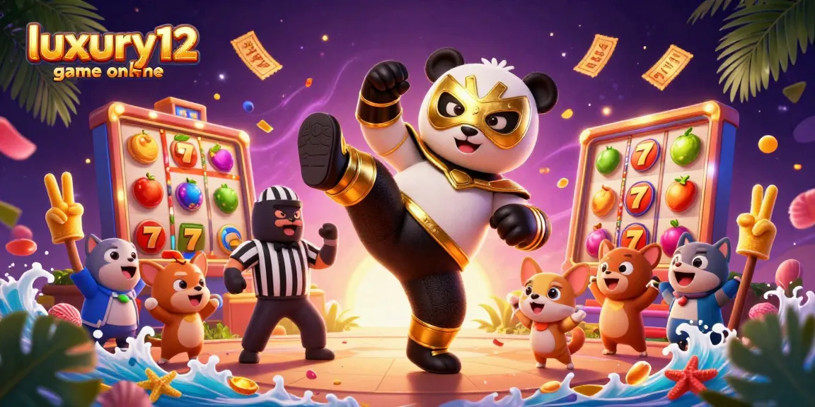 Experience the thrill of luxury12 game online as vibrant slot reels spin amidst a lively scene of animated characters.