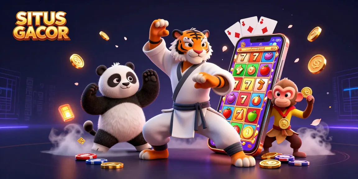 SITUS GACOR showcases a kung fu tiger master amidst vibrant slot game elements, symbolizing exciting gambling.