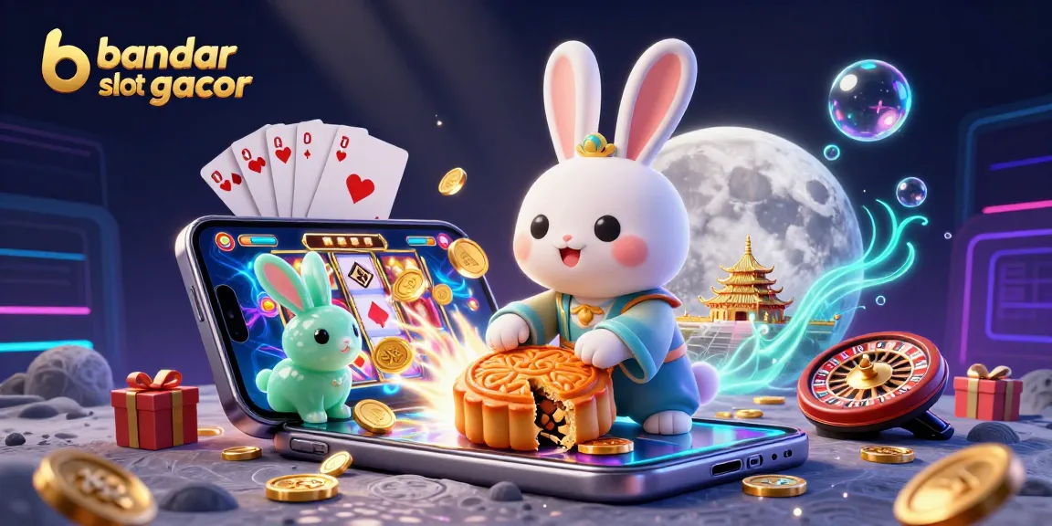 Melihat bandar slot gacor dengan kelinci bulan tradisional dan permainan slot menarik di latar belakang.