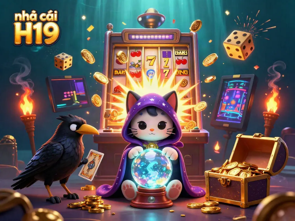 Engage with the immersive world of nhà cái H19 featuring vibrant casino elements, a mystic cat, and a jackpot explosion.