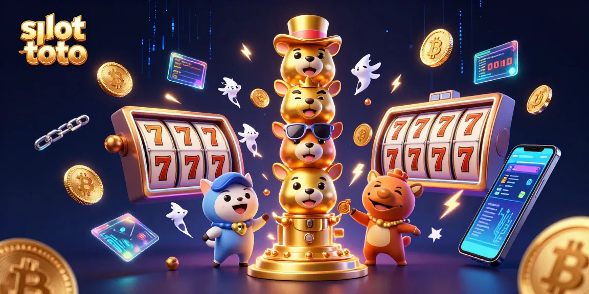 Spin the reels with slot toto's vibrant totem and crypto symbols in this lively casino scene.