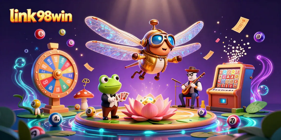 Explore exciting games at link 98win as a dragonfly pilot hovers over a vibrant lily pad casino.
