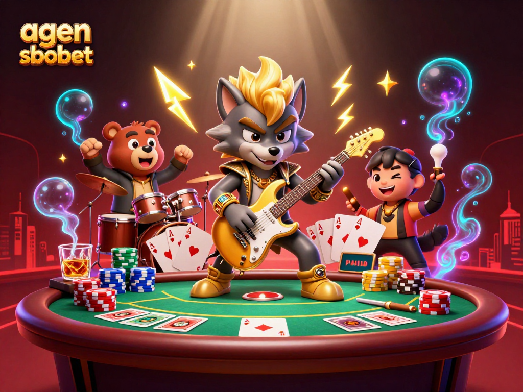 A vibrant scene showcasing agen sbobet with a rock star wolf and a drummer bear in a casino setting, featuring dynamic poker elements.
