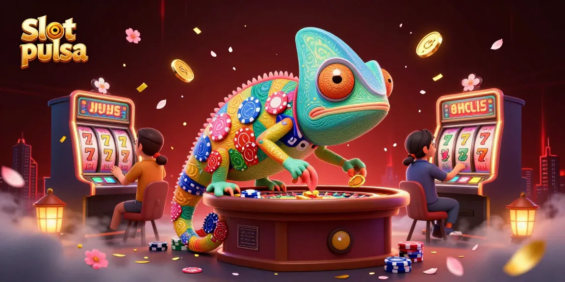 Experience thrilling slot pulsa action with a colorful chameleon casino owner amidst dynamic gaming elements.
