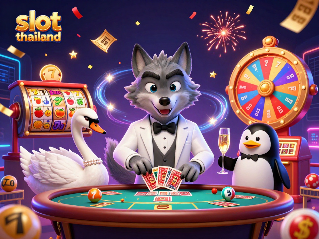 Engage with slot thailand as a wolf, swan, and penguin celebrate big wins at a lively casino scene.