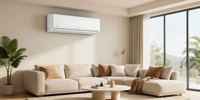 Stylish living room with a 12000 btu mini split air conditioner enhancing summer comfort.