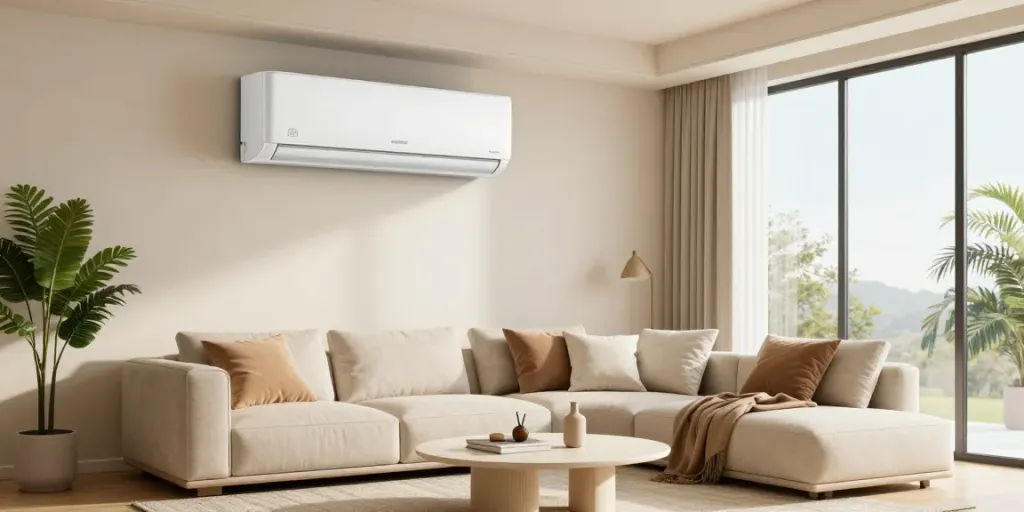 Stylish living room with a 12000 btu mini split air conditioner enhancing summer comfort.