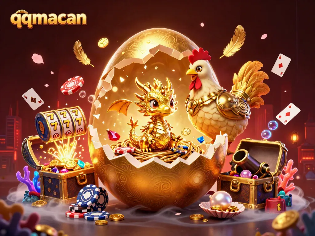 Experience dynamic gaming with qqmacan featuring a golden baby dragon surrounded by vibrant casino elements.