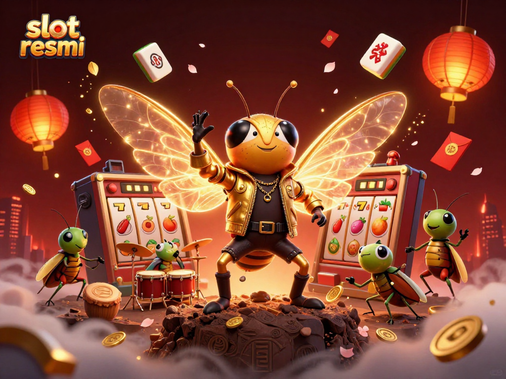 Engage with slot resmi through exciting games featuring a rock star cicada in a vibrant 3D scene.