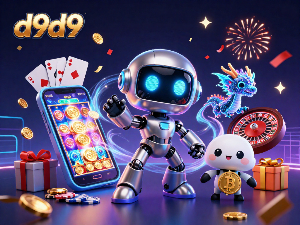 Magandang d9d9 na eksena ng robot at dragon na kasama ang mga slot game, na puno ng saya at saya.