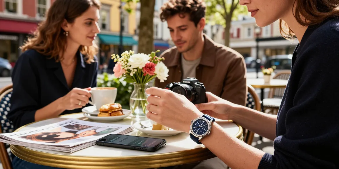 Replica watches showcased in a chic outdoor café setting, highlighting craftsmanship and lifestyle integration.