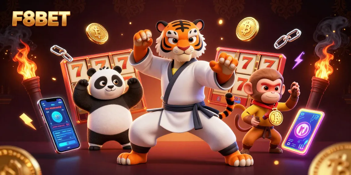 F8BET showcases exciting slot game action with colorful 3D characters and vibrant casino elements.