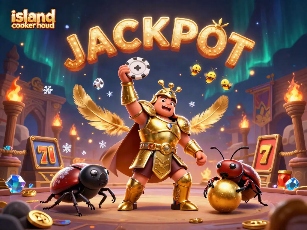 Action-packed illustration featuring an island cooker hood, with vibrant casino elements and characters celebrating a jackpot.