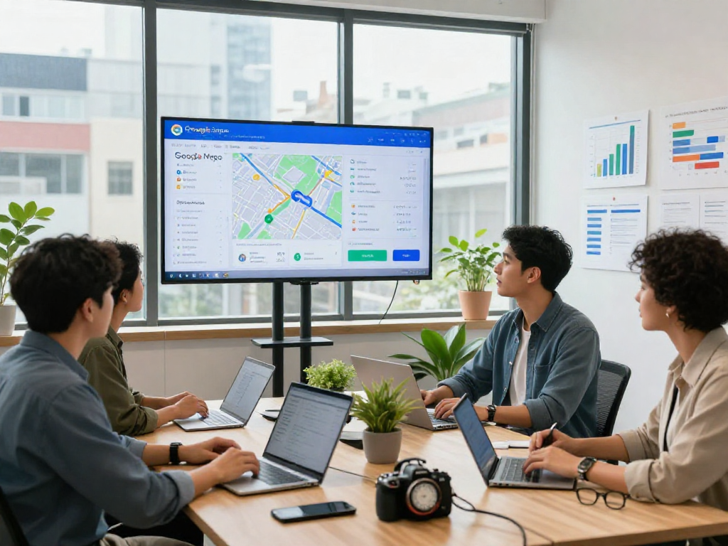 Business owner analyzing Google Maps SEO services performance metrics in a modern office.