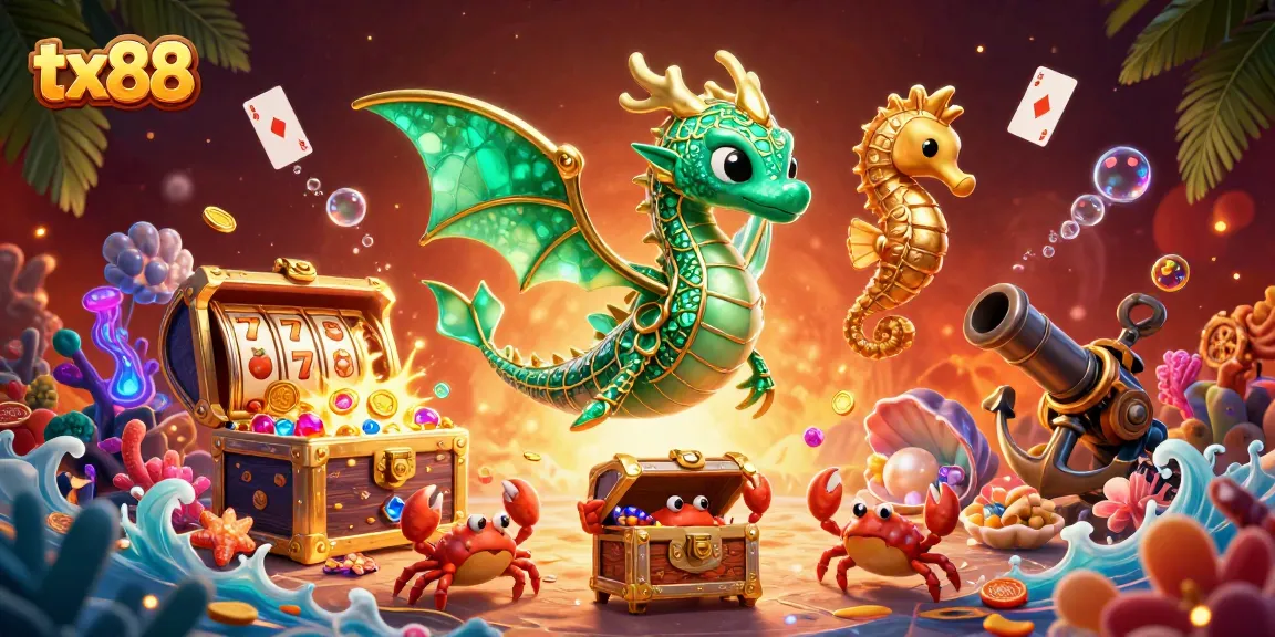 Engage with tx88's vibrant underwater slot gaming scene, featuring an emerald sea dragon and dynamic treasure.