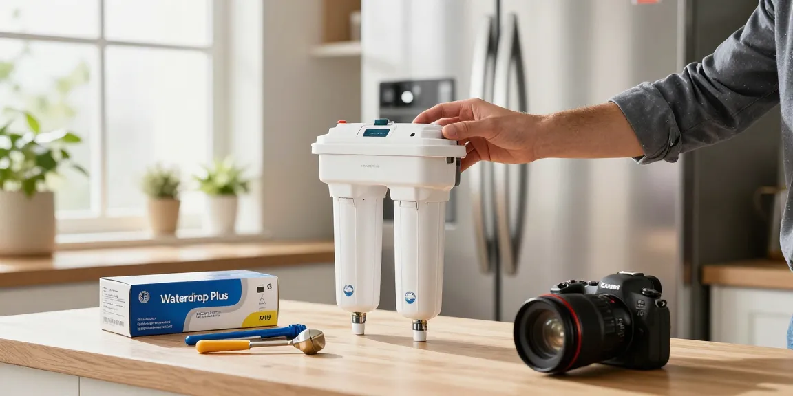 Person installing Waterdrop Plus XWF Replacement for GE® XWF in a bright kitchen setting with modern appliances.