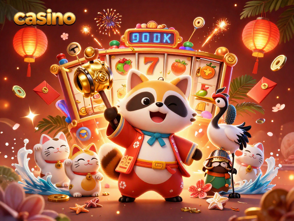 Engaging casino scene with cheerful tanuki, crane, and fortune cats in 3D art style.