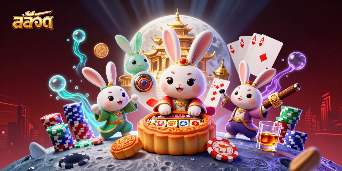 Experience สล็อต excitement with vibrant slot reels and poker chips in a whimsical moonlit scene.