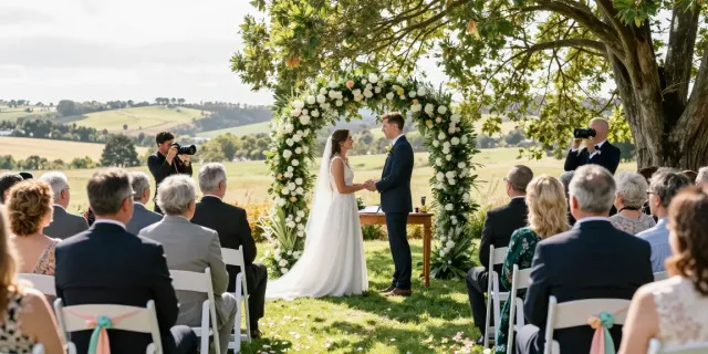 Dunedin wedding photographer capturing a couple's emotional outdoor ceremony with floral arch and joyful guests.