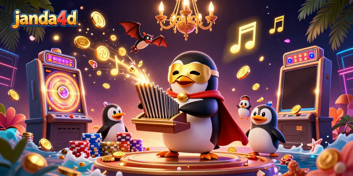 Janda4d menunjukkan slot mesin kristal dengan koin emas beterbangan di sekeliling penguin.
